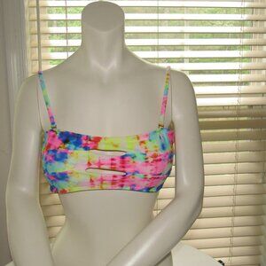 Pink and Green Bandeau Bikini Top with Tie-Dye Pattern